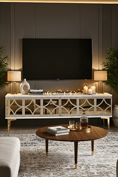 cnyr TSA1236BTG - ÖZTV120 TV STAND, TV SEHPASI BEYAZ - TRAVERTEN - GOLD 120CM