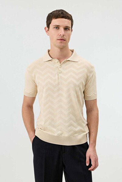 Antioch Stone Zigzag Patterned Polo Collar Knitwear Men's T-Shirt
