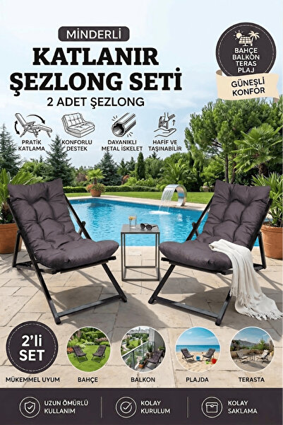 MOONLİGHT 2'li Set Minderli Katlanır Şezlong | Tam Açılır Yatak Olan Balkon B...