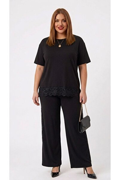 Koza Butik Women's Plus Size Short Sleeve Lace Guipure Detailed Tracksuit Set...