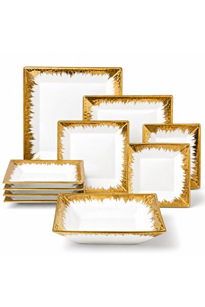 Nu Set farfurii ceramice 18 piese, 6 persoane, alb cu auriu, model Luxury, fo...