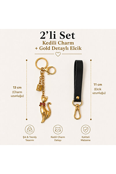 Nobrand Cat Charm + Gold Detailed Handcrafted Set of 2 Bag Charms - Keychain ...