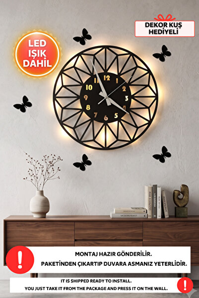 Dekorvin Led Işıklı Yapraklar Duvar Saati Sessiz Dekoratif Modern Siyah Ahşap...