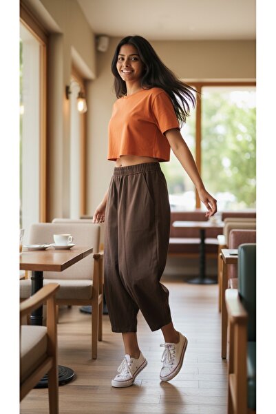 Butik Pamuklu Gabardin Beli Lastikli Rahat Şalvar Pantolon