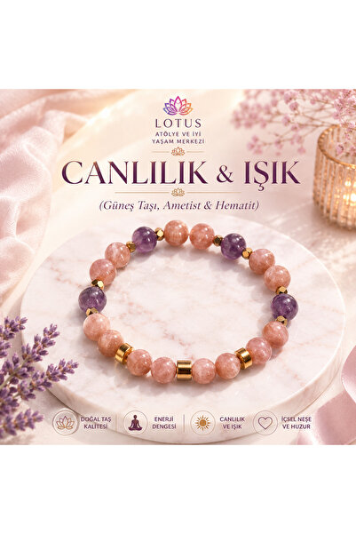 Lotus Canlılık & Işık Doğal Taş Bileklik – Güneş Taşı, Ametist, Hematit