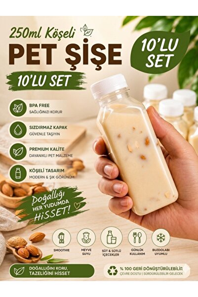 troykar Özer Home 10 lu 250 ml Sızdırmaz Kapaklı Kare Detoks Meyve Suyu Şişe ...