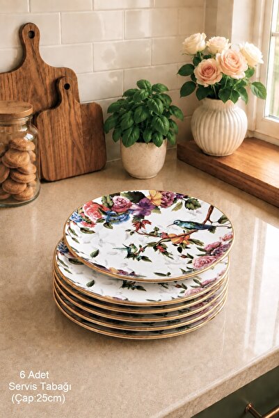 Pinkev Flora 6 Kişilik 25cm Seramik Servis Sunum Tabağı Seti