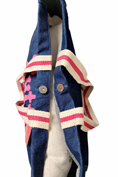Faralya Life %100 Pamuk Çıtçıtlı Çift Cepli Mavi Denim Çanta Pembe Baskılı Kadın Çanta 52x42 cm 60 cm Sap Uzunluğu