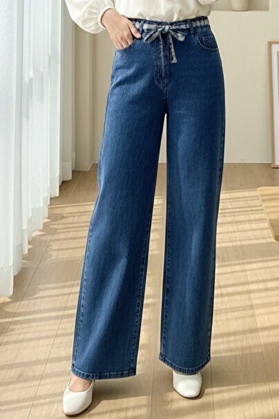 Modamorfo Wide Leg Belted Zippered Jeans - Dark Blue