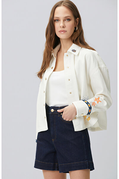 Network Beyaz Nakış ve Artwork Detaylı Denim Mont