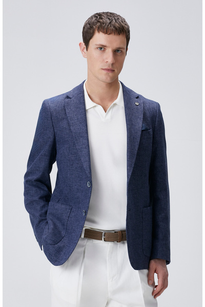 Network Lacivert Slim Fit Jakarlı Dokuma Ceket