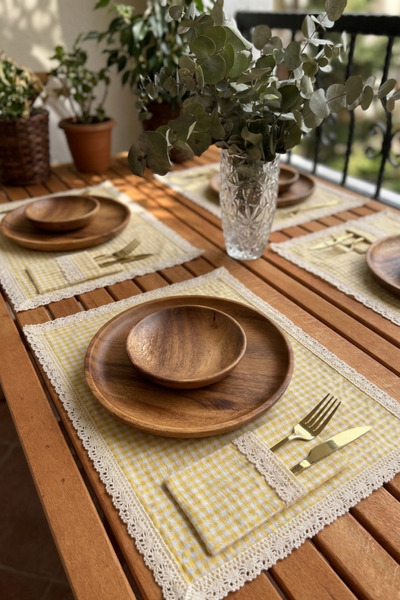 zarafet concept 2 Adet Sarı Vintage Pitikare Dantel Detaylı Amerikan Servis/S...