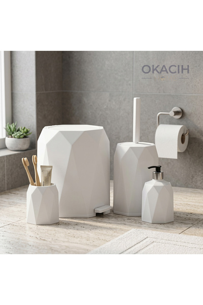 okacih 4'lü Banyo Seti Çöp Kovası Tuvalet Fırçası Sabunluk Diş Fırçalık 4 Parça
