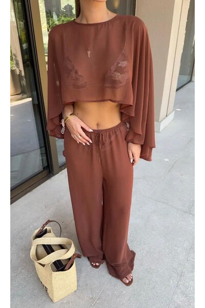 HerTon BLUZĂ ȘI PANTALONI DIN ȘIFON, SET DE PANTALONI, ÎMBRĂCĂMINTE DE PLAJĂ