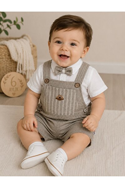 AKİ MODA KİDS Teddy Cep Detaylı Erkek Bebek papyonlu keten salopet Takımı