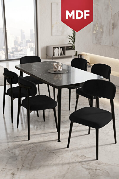 Canisa Runes Serisi MDF Sabit 80x130 Siyah Mermer Desen Mutfak Masası Takımı ...