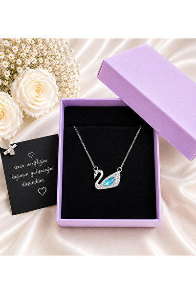 shop MAVİ TAŞLI GÜMÜŞ RENK KUĞU KOLYESİ ÇELİK