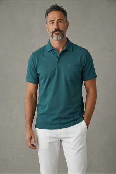 SİMENTİ ERKEK YAKALI CEPLİ PİKE LACOSTE KUMAŞ BABA TSHİRT Koyu yeşil
