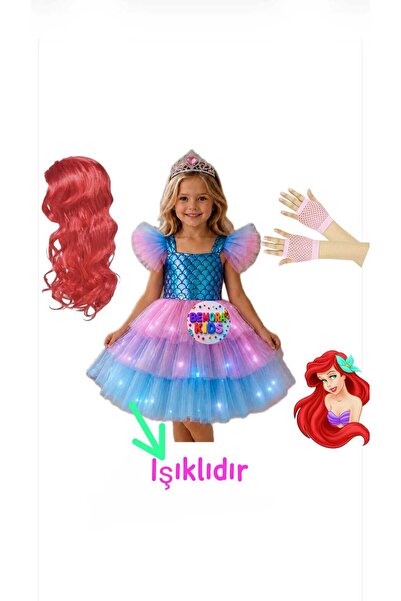 3b kids deniz kızı ışıklı kostüm elbise + kırmızı deniz kızı saç peruk + taç+...