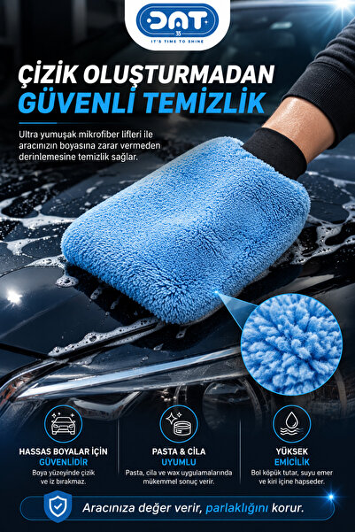 DAT35 IzmirGlove Mavi Mikrofiber Oto Yıkama Eldiveni Pasta Cila Araba Temizlik Arac Bakım Bezi Pro