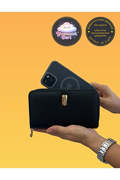 shiny ever Siyah Telefon Bölümlü Gold Detaylı Deri Kadın Cüzdan El Çantası
