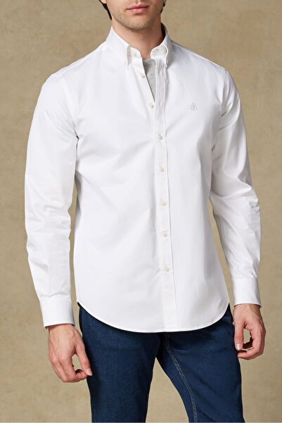 Abbate Luca Twill Cotton Comfort Fit White Button down Collar Men's Plain Shirt