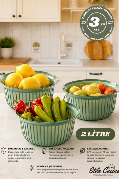 Stile Cucina 3-Piece Economical Linea Round Bowl Set Green (3 X 2 Liters)