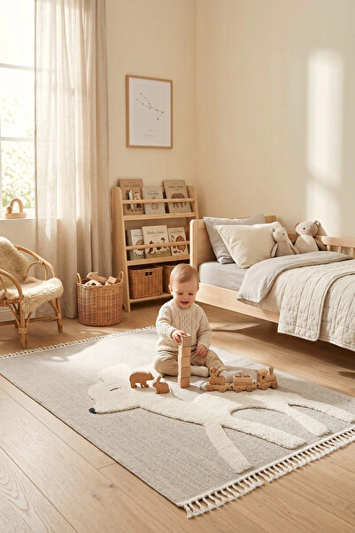 Eliz Home Bej Krem Yumuşak Bukleli Dokuma Halı Bebek Odası Çocuk Odası Genç O...