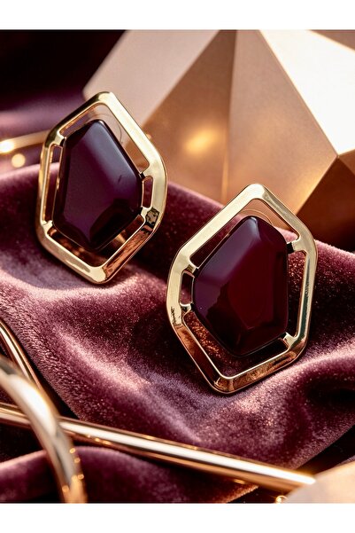 ayoljewelry أقراط من الفولاذ المقاوم للصدأ ذات إطار ذهبي وحجر أحمر خمري هندسي