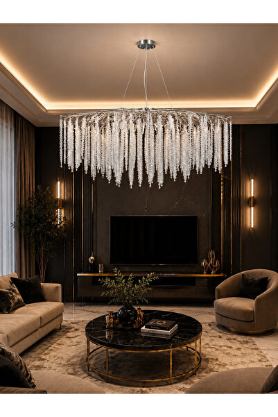 Led 120 CM KRİSTAL AĞAÇ LÜX SALON AVİZESİ KROM İTHAL KASA