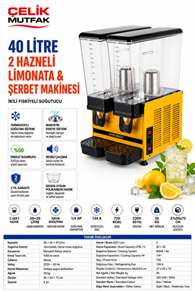 şerbetmatik Limonata Şerbet Makinesi 40 L (20+20) Çift Hazne Fıskiyeli Soğutu...