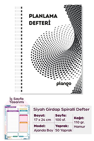 Plango Siyah Girdap Günlük Planlayıcı Defter - Daily Planner - Ders Çalışma P...
