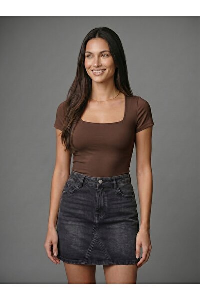 Noe Collection Kadın Kare Yaka Kısa Kollu Bodysuit Çıtçıtlı Slim Fit Likralı ...
