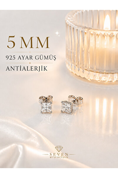 seven kuyumculuk 925 Ayar Gümüş Tektaş Küpe | Kare Kesim Zirkon Taşlı Minimal...