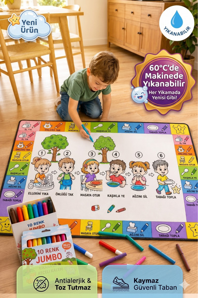 Nizal Home Eğitici Yıkanabilir Tekrar Boyanabilir Çocuk Odası Oyun Matı Boyam...