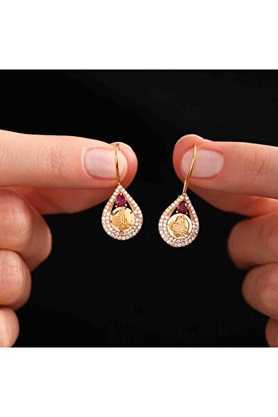 Sembol Gold Tuğralı Altın Yakutlu Küpe