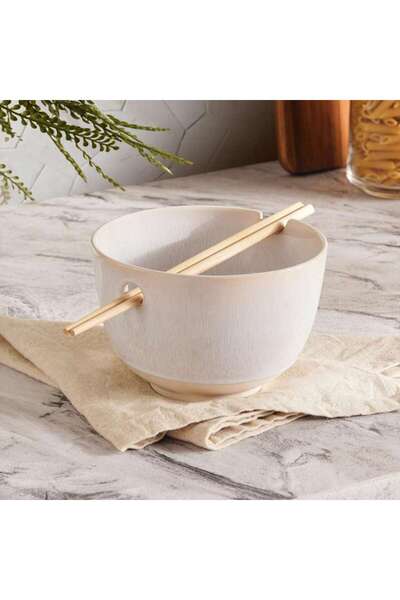 PAN HOME Alisa Stoneware Pasta Bowl With Chopsticks Dia15cm -cream