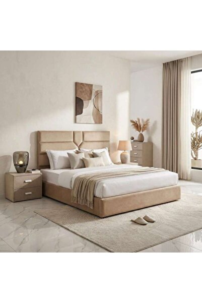PAN HOME سرير إيليانا كوين مخملي بيج 160×200 سم