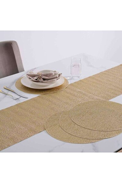 PAN HOME طقم مفارش طاولة ترافلز 4+1 قطعة، قطر 35 سم + 30×150 سم - ذهبي