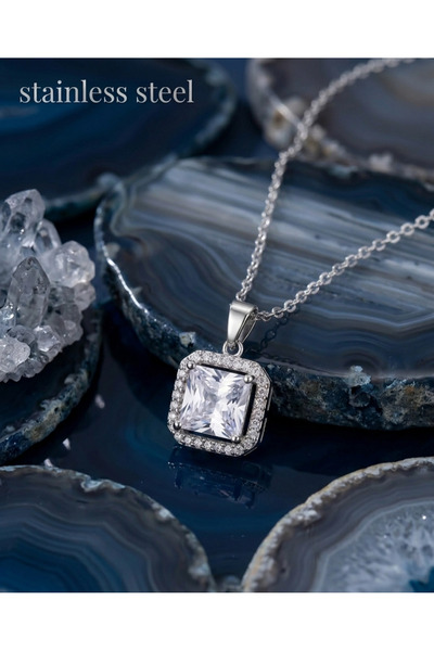stainless steell 316L Silver Color Chain Square Model Zircon Stone Steel Neck...