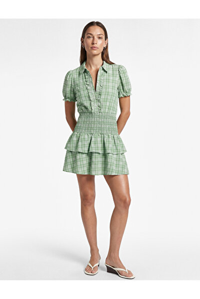 Koton Low Waist Gipeli Short Balloon Sleeve Ruffle Buttoned Plaid Mini Poplin