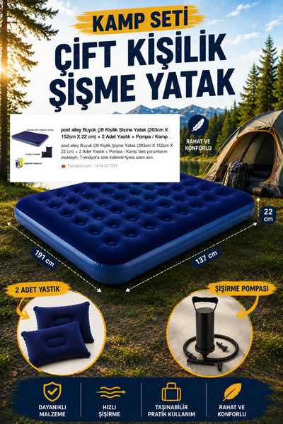 post alley Büyük Çift Kişilik Şişme Yatak (203cm X 152cm X 22 cm) + 2 Adet Ya...