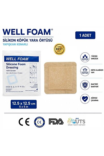 WELLFOAM Silikon Köpük Yara Örtüsü 12,5x12,5 cm Steril Kendinden Yapışkanlı P...