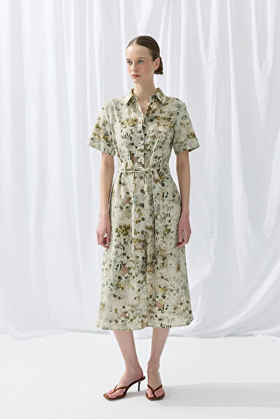 Gusto İz Koleksiyonu Eco Print Keten Midi Gömlek Elbise - Yeşil
