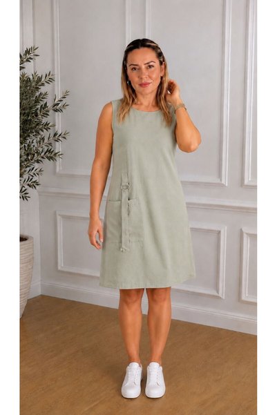SİBELİZE Women's Pocketed Sleeveless Accessory Detailed Washed Denim Dress Knee Length