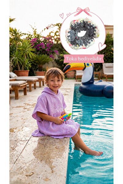 Aluve Unisex Çocuk Müslin Panço, Kapüşonlu, %100 Pamuklu (Açık Kahve / Lila)