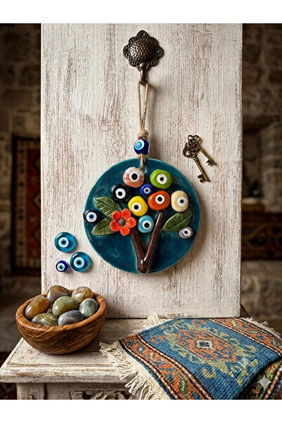 Ahşap Evi El Yapımı Seramik Nazar Boncuklu Ağaç Duvar Süsü 15 Cm-Dekoratif Şa...