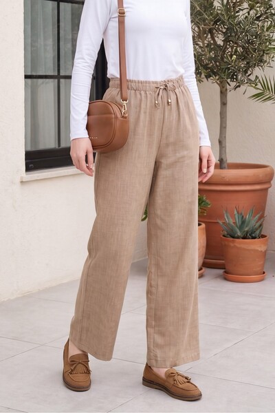 Modamorfo Elastic Waist, Lace Detail, Wide Leg Sofia Linen Look Trousers - Ci...
