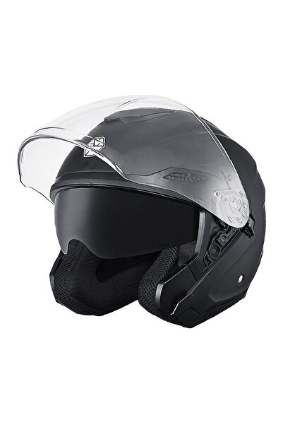 ebakbak Motosiklet Yarım Açık Kask Güneş Vizörlü Motor Kask Mat Black
