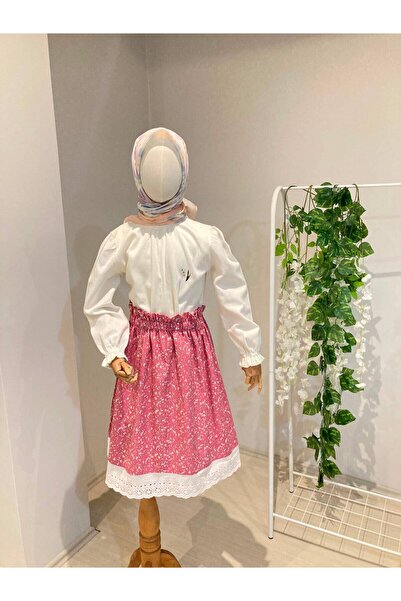 UHDE STORE Kız Çocuk Pembe Çiçek Desenli Beli Lastikli Pamuk Poplin Uzun Etek...